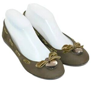 Caressa Olive Green Leather Crystal Jewel Bow Ballet Ballerina Flats Shoes 7.5